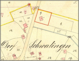 Die Lage des "Sandmann-Hofes" zu Schwalingen No.29 nach dem Wiederaufbau Ende der 1860er Jahre.